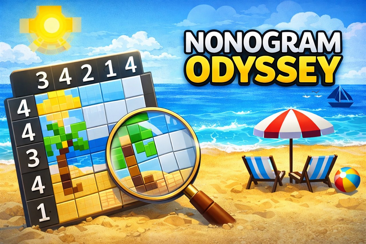 Nonogram Odyssey — a sunny beach scene revealed on a nonogram grid